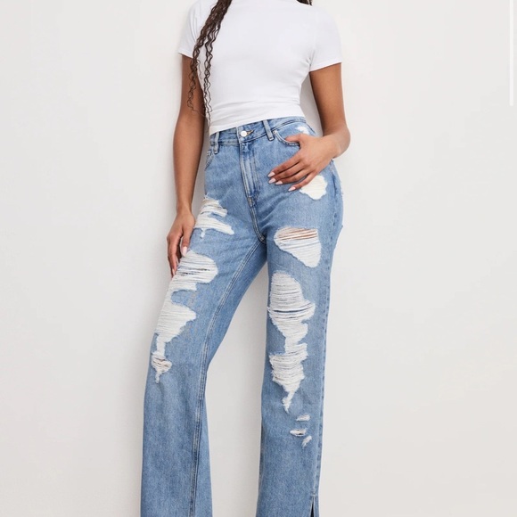 Good American Denim - Good American Light Blue Distressed High Rise Jeans
